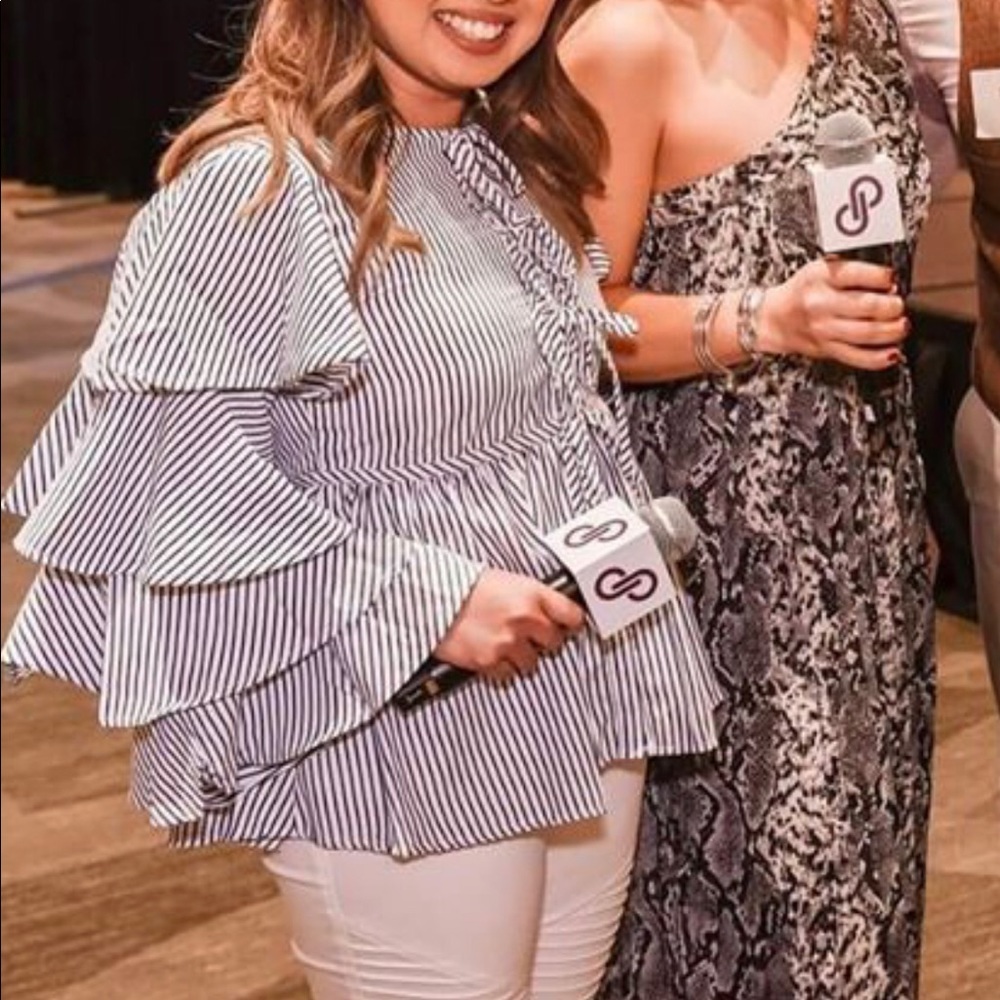 Striped tiered flutter sleeve blouse